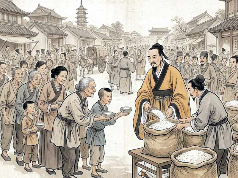 Ảnh minh hoạ: Đào Chu Công đang phát gạo cứu đói